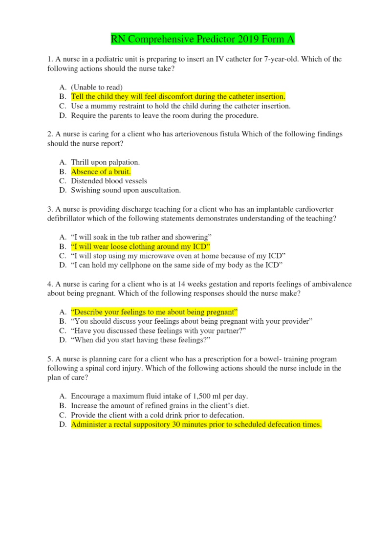 RN Comprehensive Predictor 2019 Form A, B, C, 2016 Test C, ATI Compr.Exit Final, and RN Exit New Exam