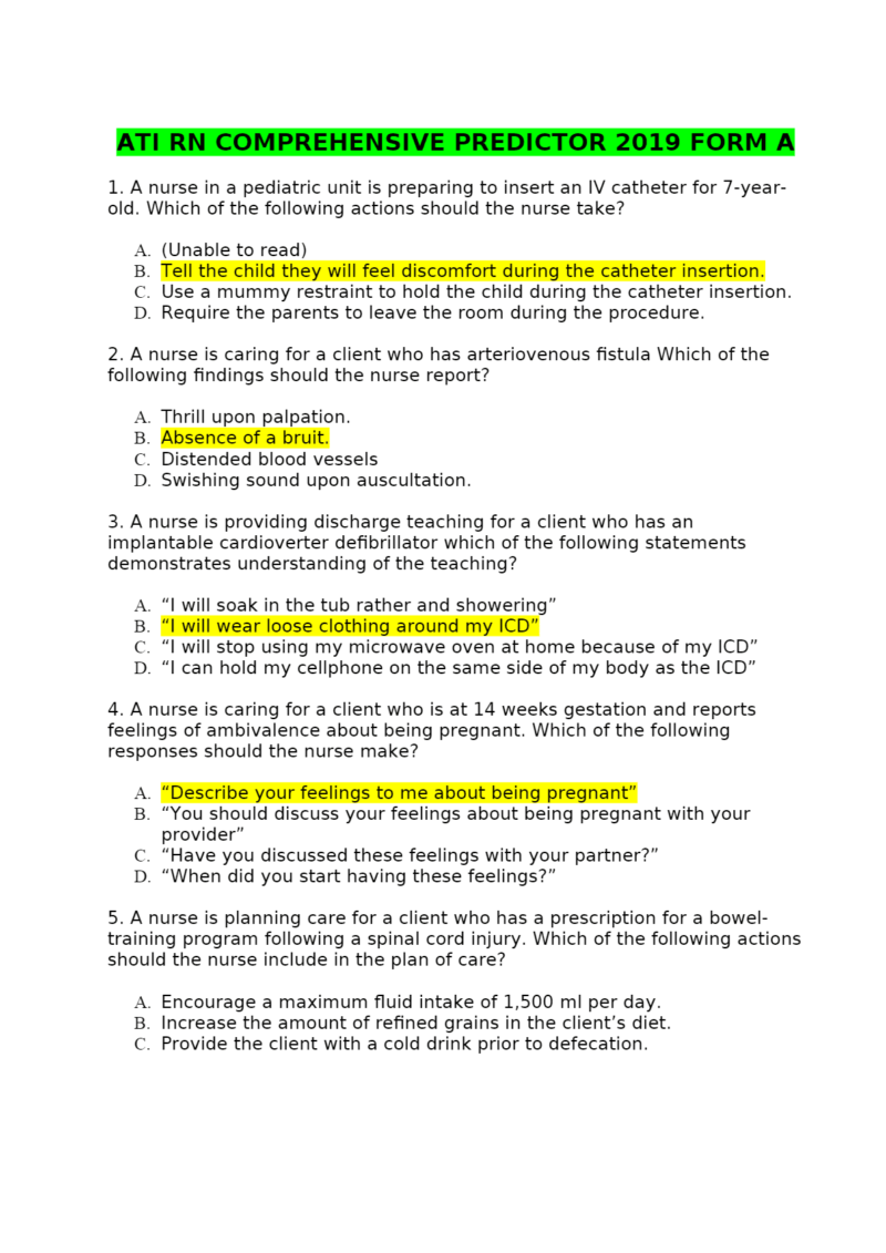 ATI RN COMPREHENSIVE PREDICTOR 2019 FORM (A - B - C )