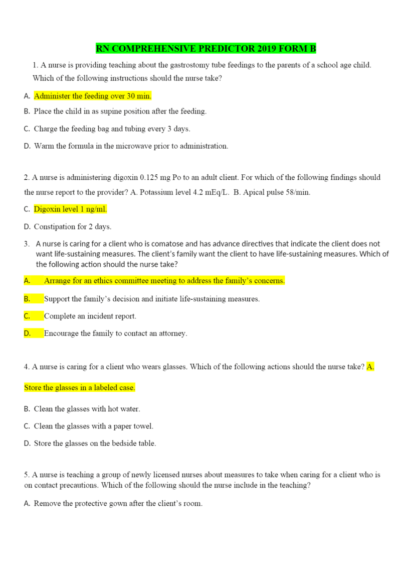 ATI RN COMPREHENSIVE PREDICTOR 2019 FORM (A - B - C )