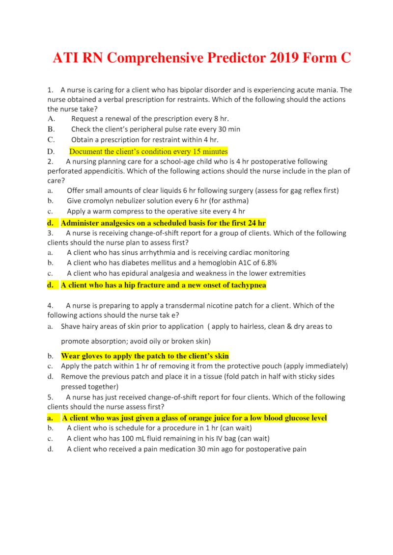 ATI RN COMPREHENSIVE PREDICTOR 2019 FORM (A - B - C )